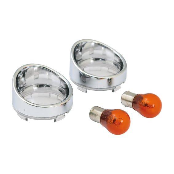 Turn signal lens set with visor. Clear lens, amber bulb